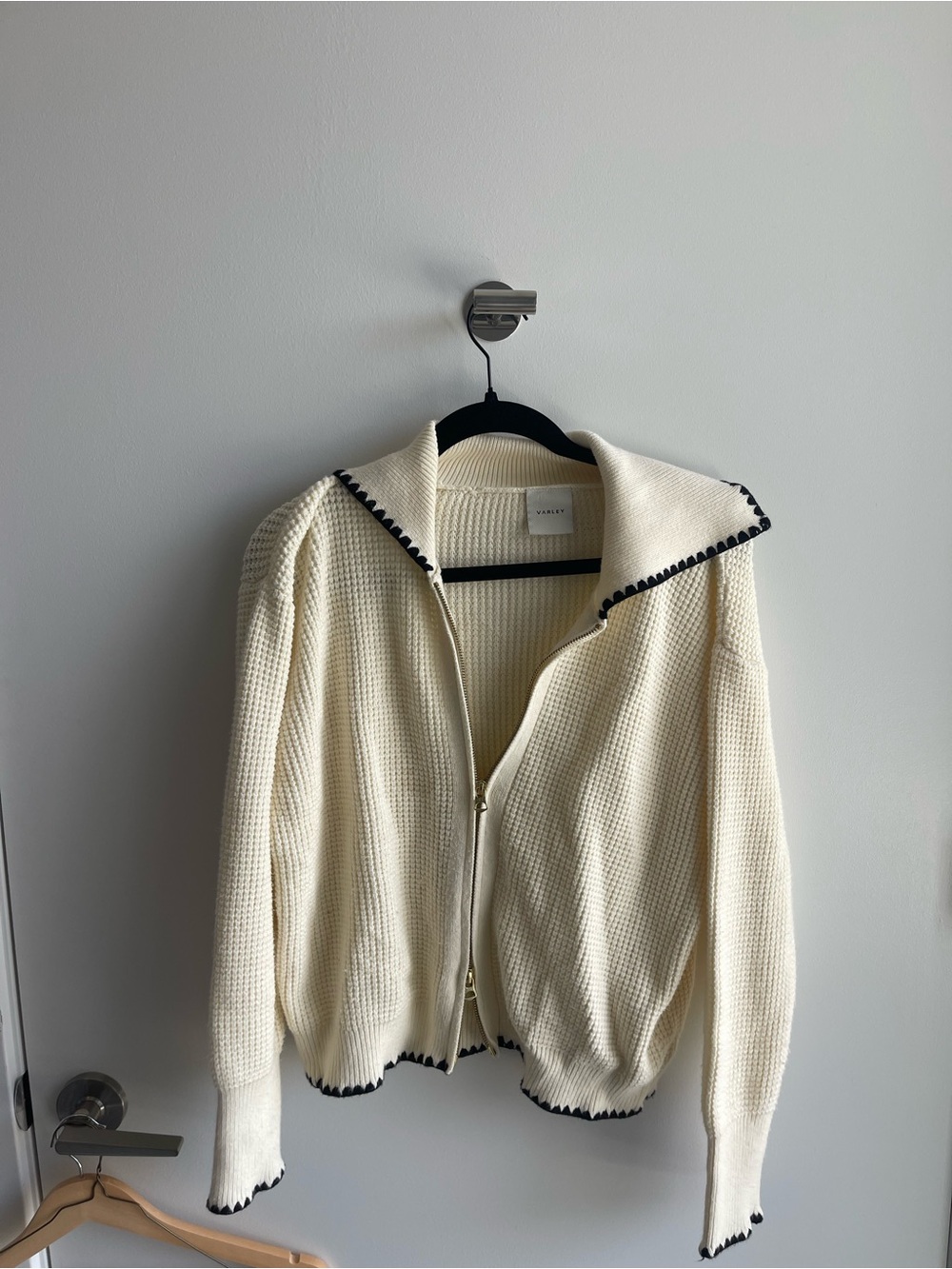 Varley Cream Zip-Front Knit Sweater with Contrast Trim